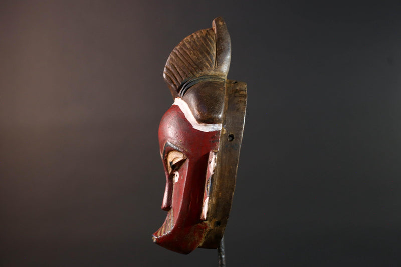 African mask Guro tribe wall art with red face carved crest and geometric cheek design tribal wood mask ethnic home decor-G5546
