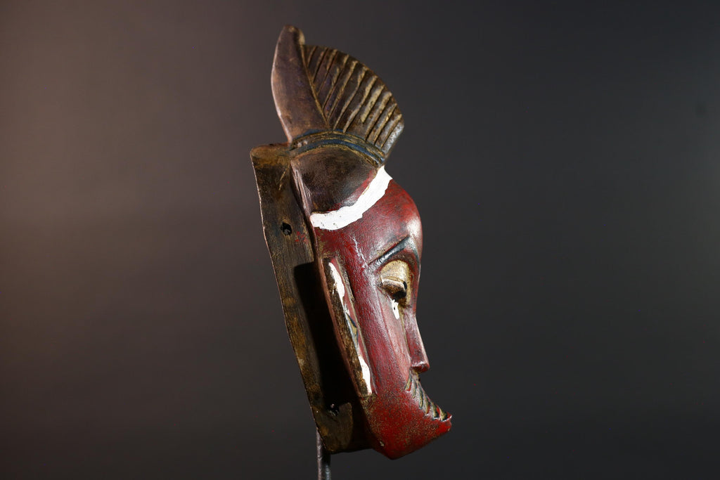 African mask Guro tribe wall art with red face carved crest and geometric cheek design tribal wood mask ethnic home decor-G5546