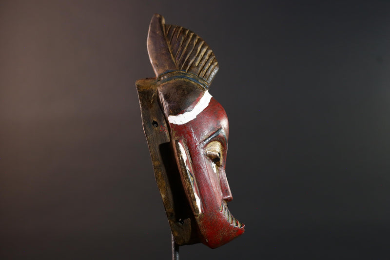 African mask Guro tribe wall art with red face carved crest and geometric cheek design tribal wood mask ethnic home decor-G5546