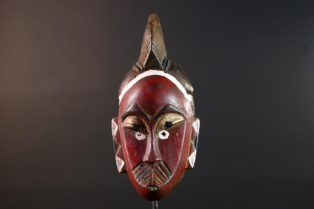 African mask Guro tribe wall art with red face carved crest and geometric cheek design tribal wood mask ethnic home decor-G5546