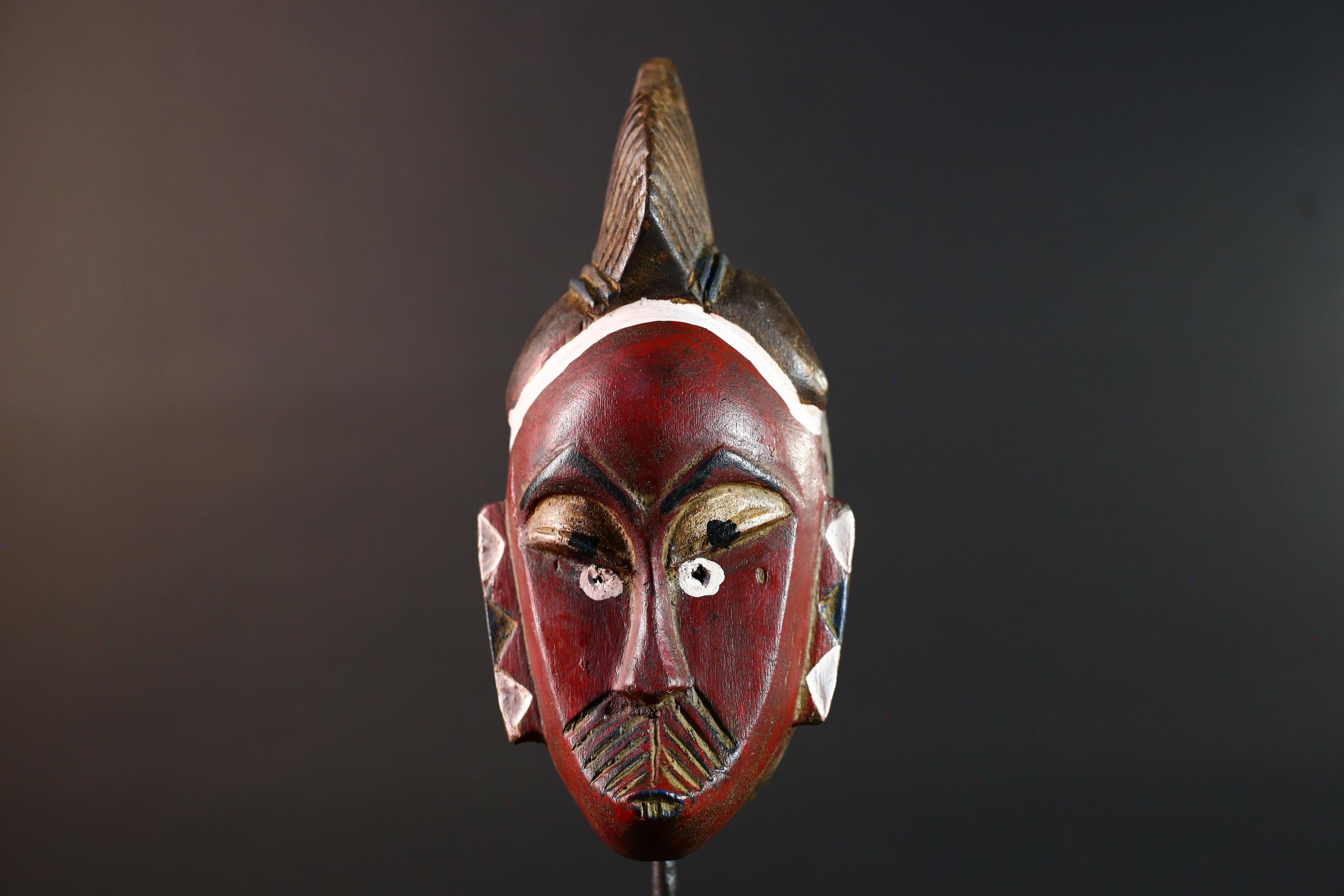 African mask Guro tribe wall art with red face carved crest and geometric cheek design tribal wood mask ethnic home decor-G5546