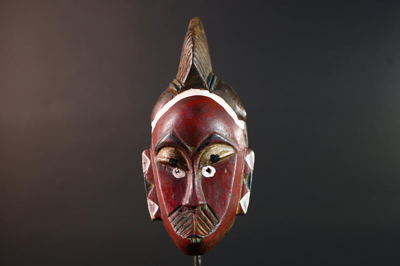 African mask Guro tribe wall art with red face carved crest and geometric cheek design tribal wood mask ethnic home decor-G5546
