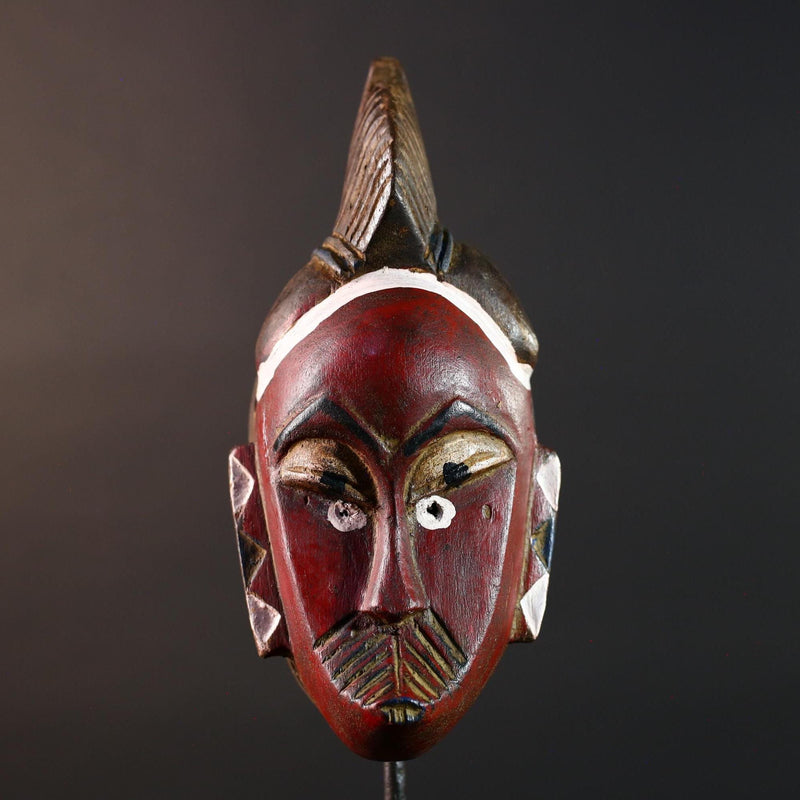 African mask Guro tribe wall art with red face carved crest and geometric cheek design tribal wood mask ethnic home decor-G5546