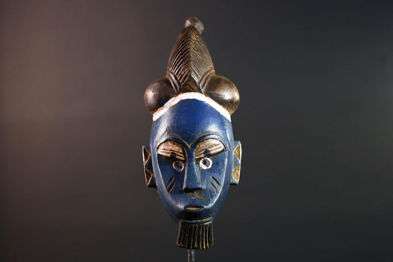 African mask Baule tribe blue face carved wall mask with domed hairstyle scarification marks ethnic wood art tribal home decor-G5545