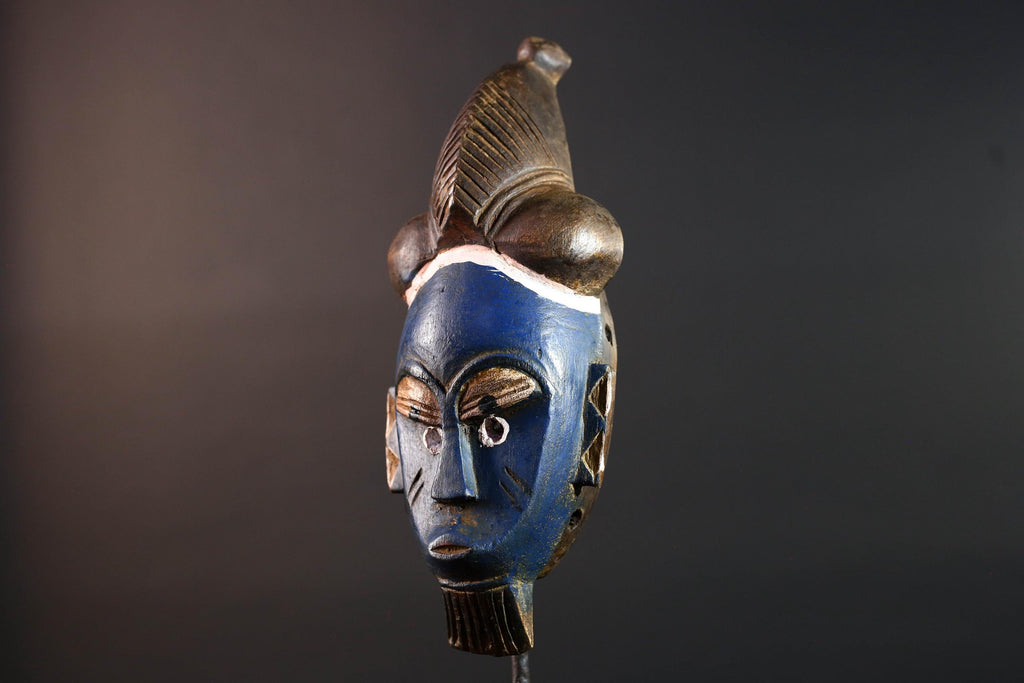 African mask Baule tribe blue face carved wall mask with domed hairstyle scarification marks ethnic wood art tribal home decor-G5545