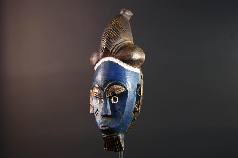 African mask Baule tribe blue face carved wall mask with domed hairstyle scarification marks ethnic wood art tribal home decor-G5545