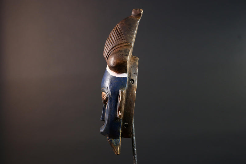 African mask Baule tribe blue face carved wall mask with domed hairstyle scarification marks ethnic wood art tribal home decor-G5545
