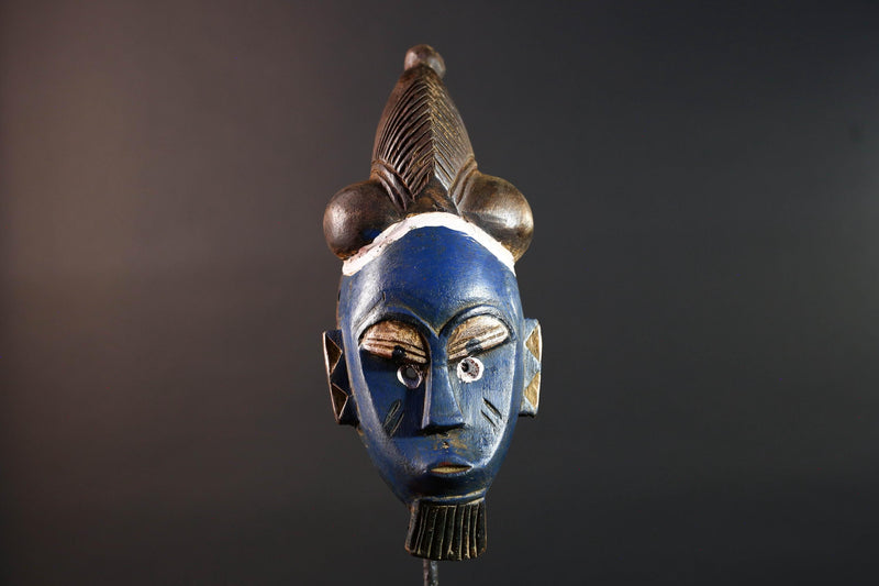 African mask Baule tribe blue face carved wall mask with domed hairstyle scarification marks ethnic wood art tribal home decor-G5545