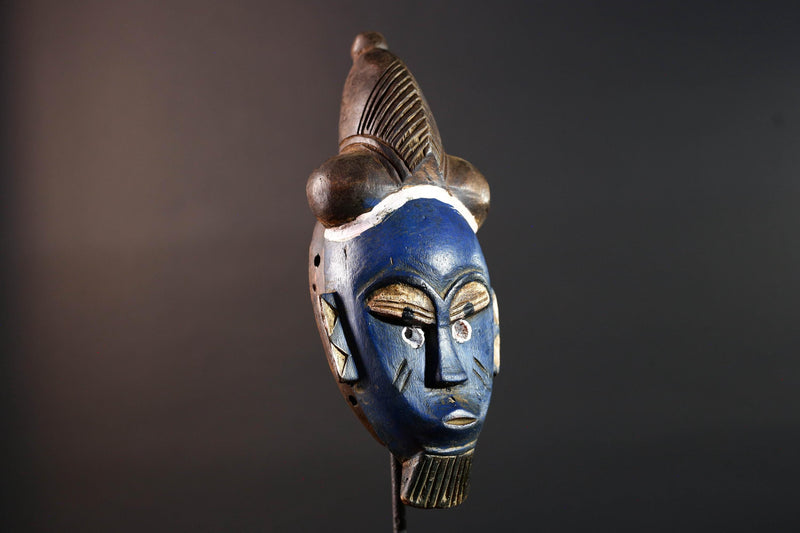 African mask Baule tribe blue face carved wall mask with domed hairstyle scarification marks ethnic wood art tribal home decor-G5545