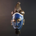 African mask Baule tribe blue face carved wall mask with domed hairstyle scarification marks ethnic wood art tribal home decor-G5545