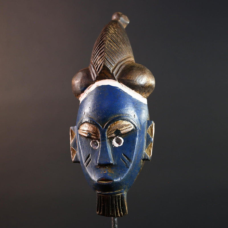 African mask Baule tribe blue face carved wall mask with domed hairstyle scarification marks ethnic wood art tribal home decor-G5545