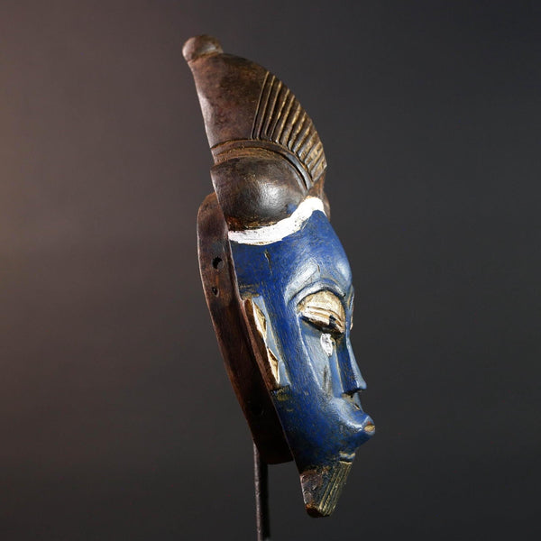 African mask Baule tribe blue face carved wall mask with domed hairstyle scarification marks ethnic wood art tribal home decor-G5545