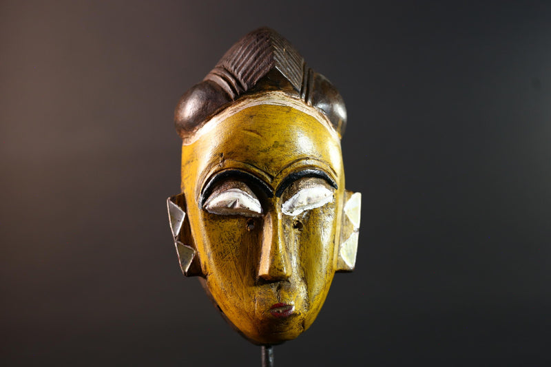 African mask Baule tribe yellow face carved wall decor with ridged hairstyle and white almond eyes tribal wood home accent sculpture-G5544