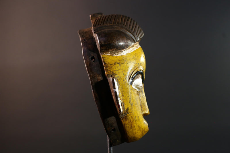 African mask Baule tribe yellow face carved wall decor with ridged hairstyle and white almond eyes tribal wood home accent sculpture-G5544