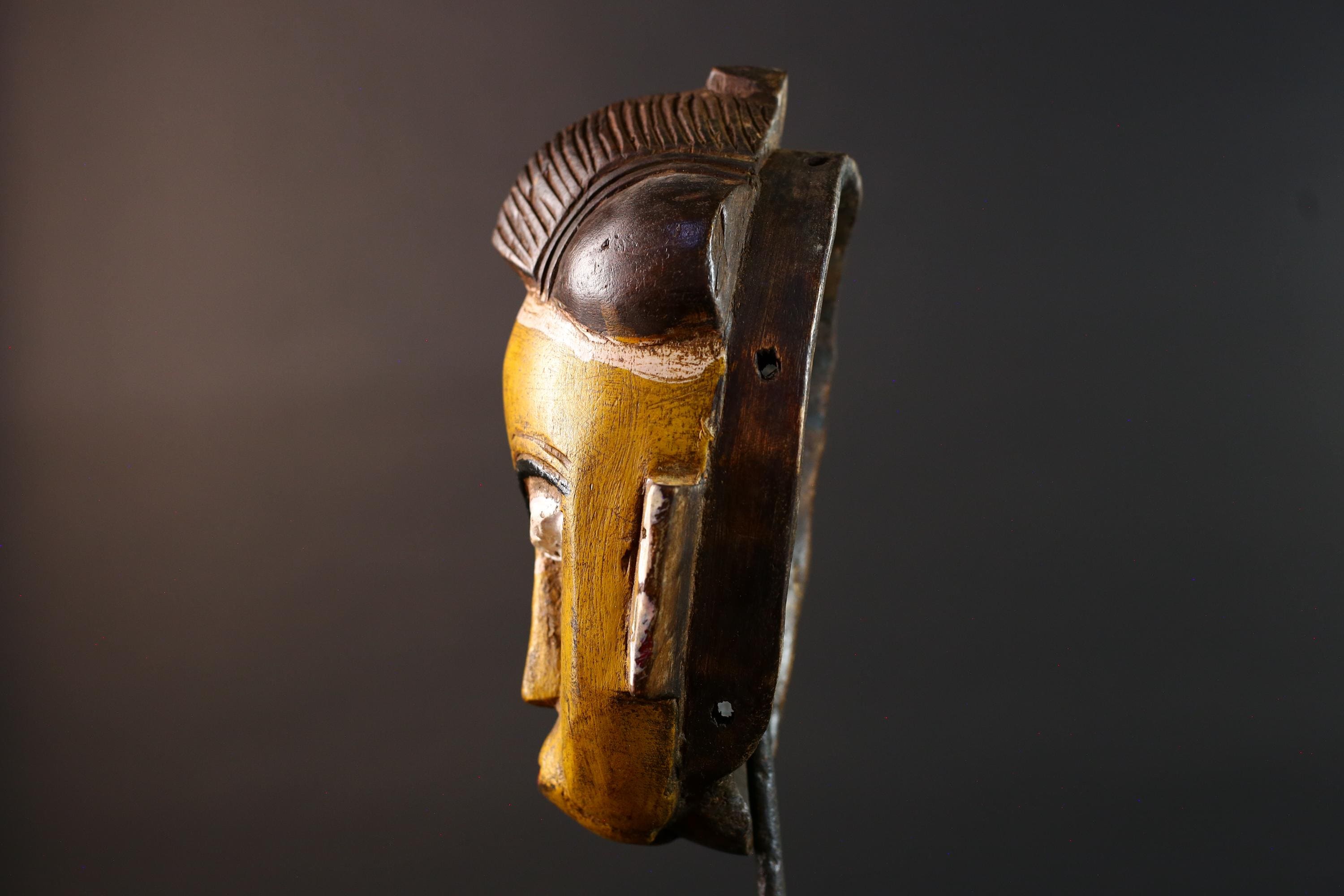 African mask Baule tribe yellow face carved wall decor with ridged hairstyle and white almond eyes tribal wood home accent sculpture-G5544