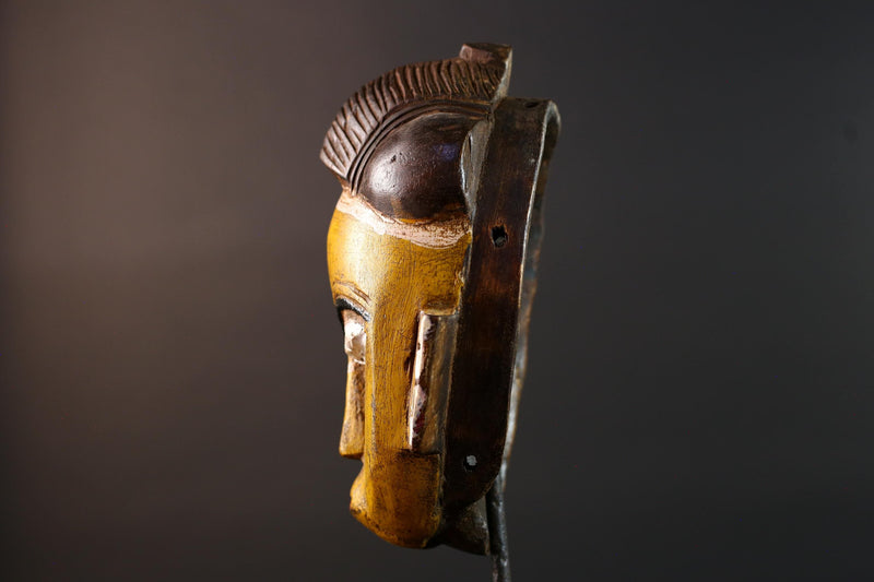 African mask Baule tribe yellow face carved wall decor with ridged hairstyle and white almond eyes tribal wood home accent sculpture-G5544