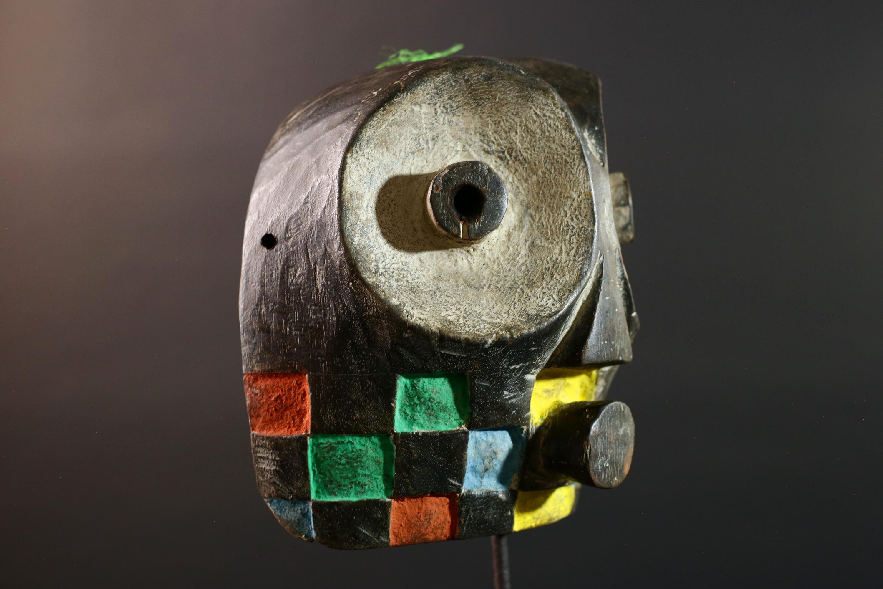 African Bwa Mask Painted Tribal Spirit Wall Art Hand Carved Wood Face Burkina Faso Colorful Geometric Mask Decor Sculpture-G5617