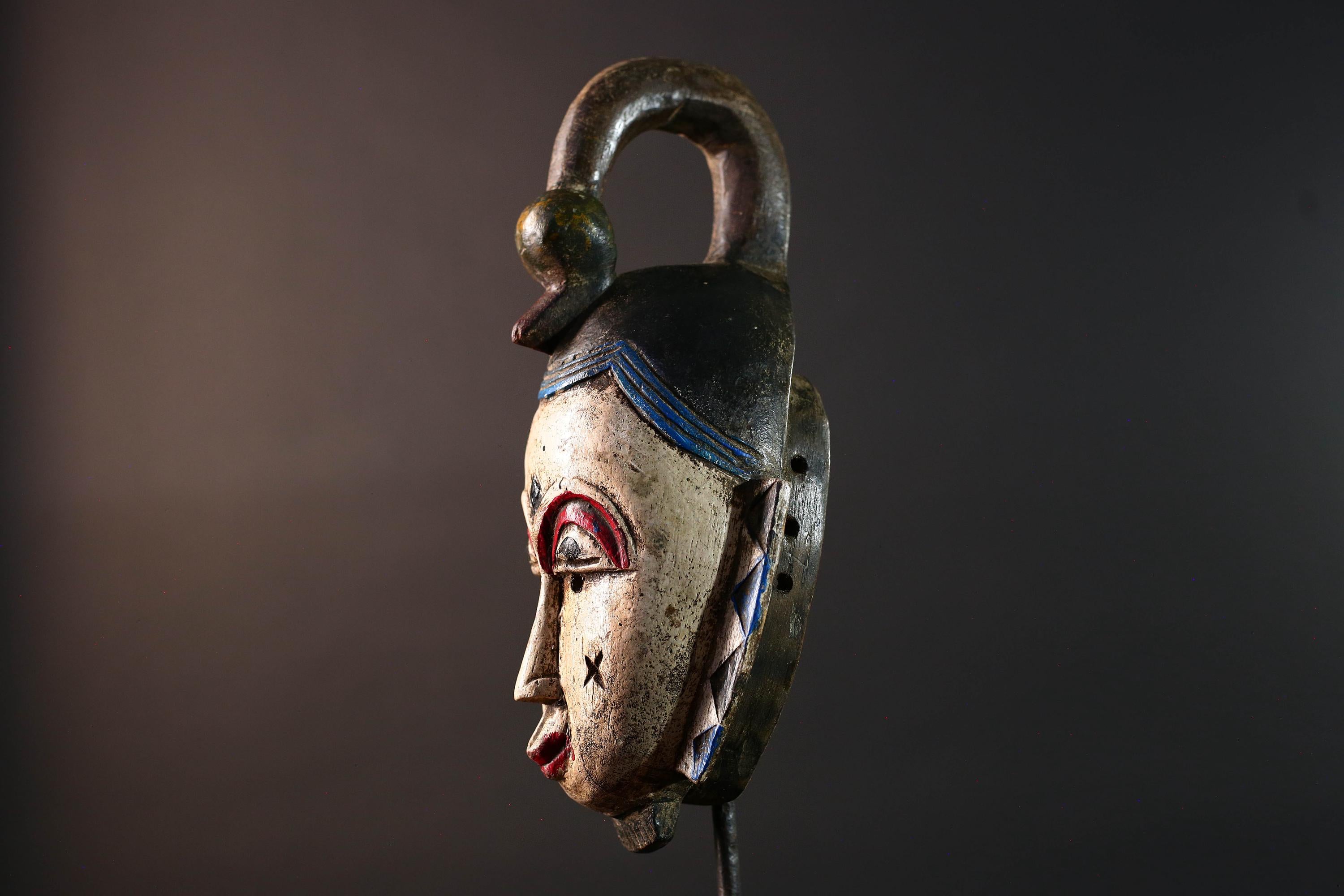 African mask Guro tribe white face carved wood with red eyes black crest and geometric cheek patterns tribal wall art home decor-G5543
