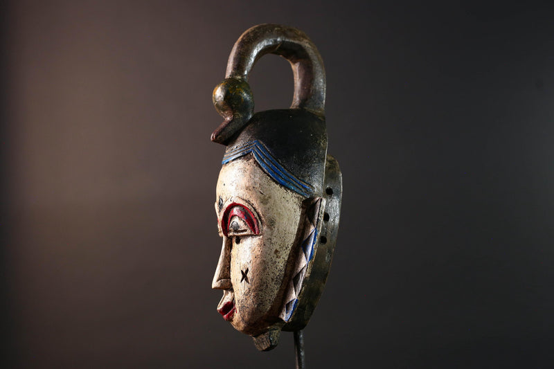 African mask Guro tribe white face carved wood with red eyes black crest and geometric cheek patterns tribal wall art home decor-G5543