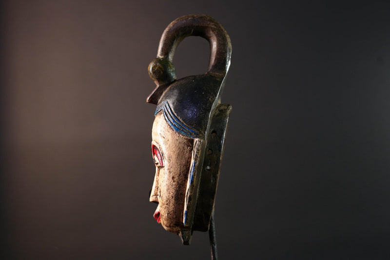 African mask Guro tribe white face carved wood with red eyes black crest and geometric cheek patterns tribal wall art home decor-G5543