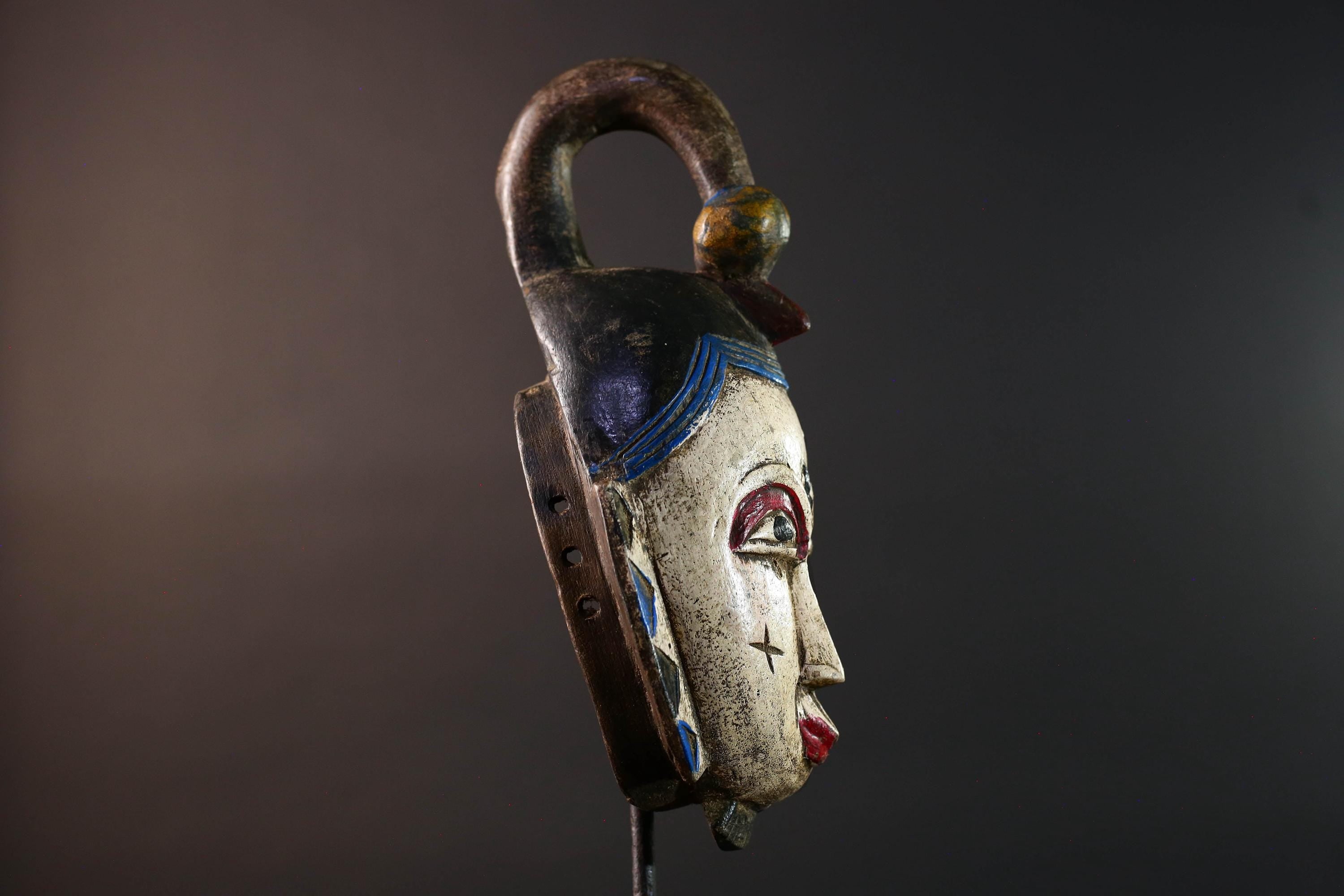 African mask Guro tribe white face carved wood with red eyes black crest and geometric cheek patterns tribal wall art home decor-G5543