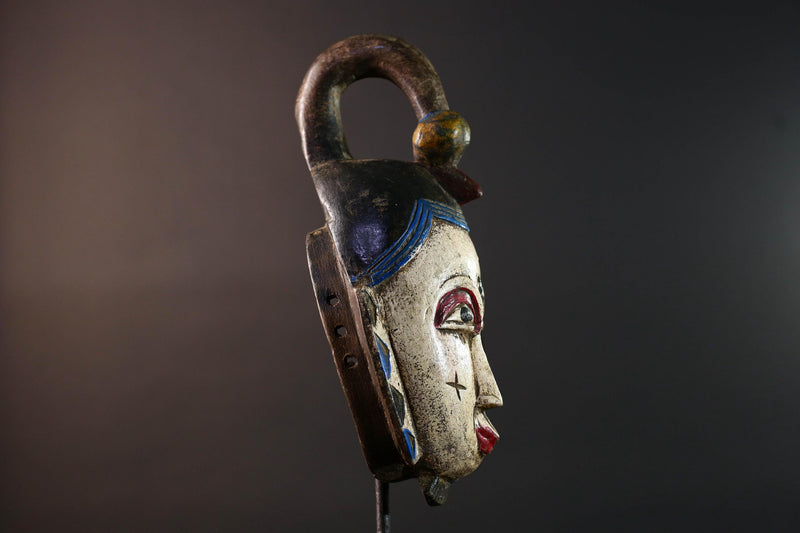 African mask Guro tribe white face carved wood with red eyes black crest and geometric cheek patterns tribal wall art home decor-G5543