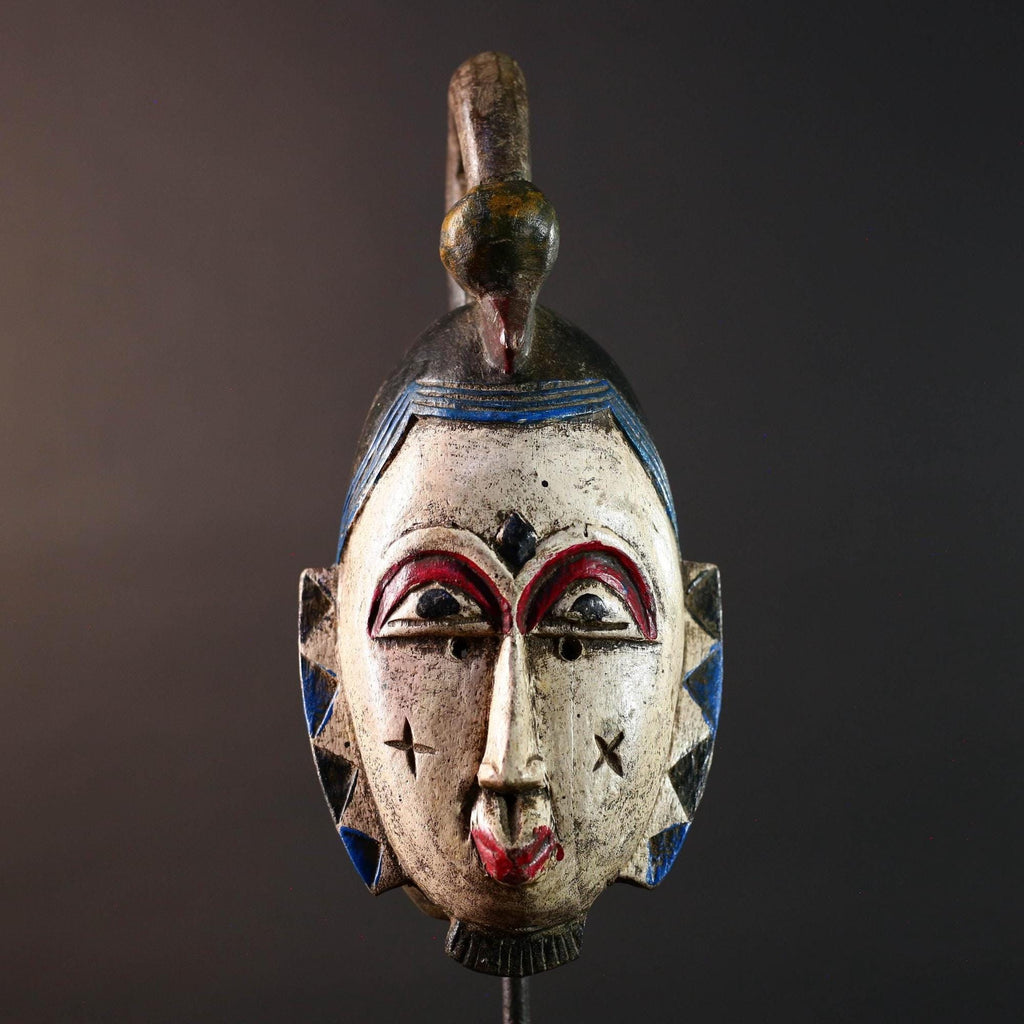 African mask Guro tribe white face carved wood with red eyes black crest and geometric cheek patterns tribal wall art home decor-G5543