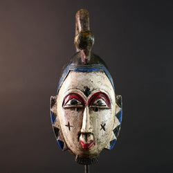 African mask Guro tribe white face carved wood with red eyes black crest and geometric cheek patterns tribal wall art home decor-G5543