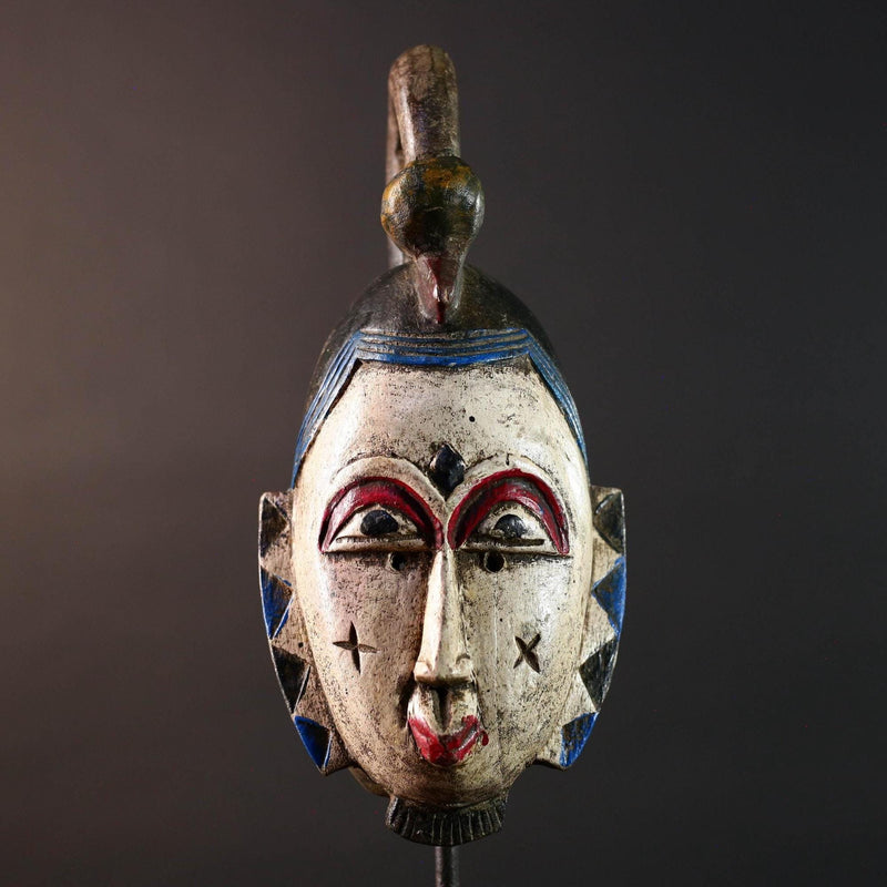 African mask Guro tribe white face carved wood with red eyes black crest and geometric cheek patterns tribal wall art home decor-G5543