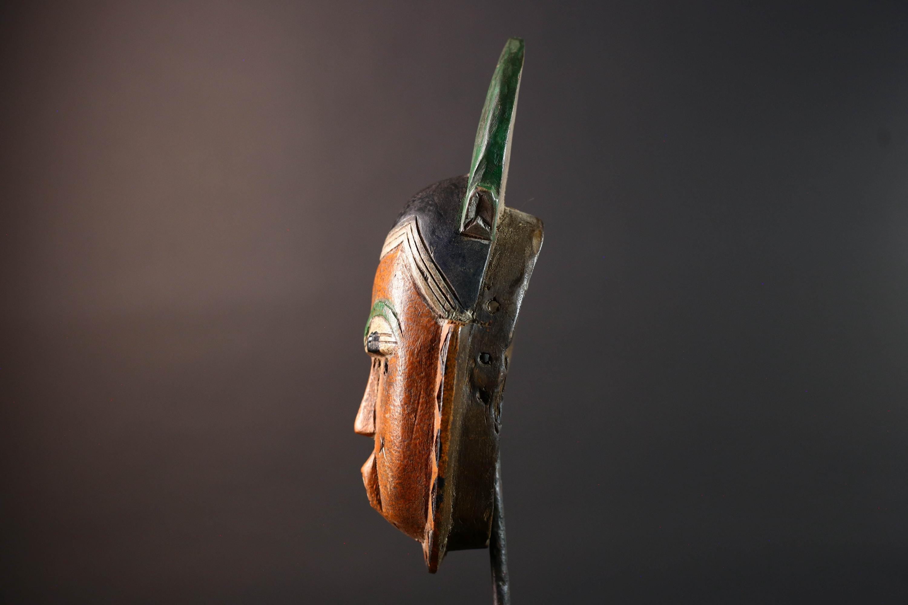 African mask Guro tribe orange face wall sculpture with green horn crest carved tribal cheek marks ethnic wood home art decor-G5542