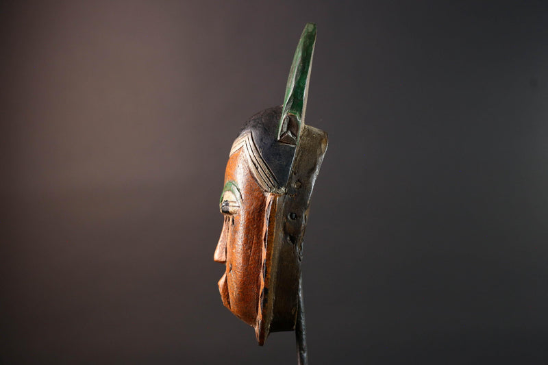 African mask Guro tribe orange face wall sculpture with green horn crest carved tribal cheek marks ethnic wood home art decor-G5542