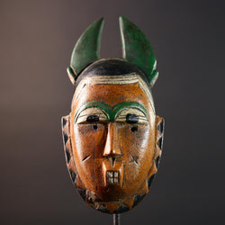 African mask Guro tribe orange face wall sculpture with green horn crest carved tribal cheek marks ethnic wood home art decor-G5542
