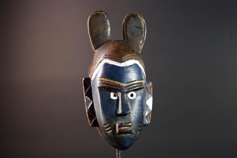 African mask Guro tribe blue face carved wood with white eyes animal crest and geometric ear panels tribal wall decor home art-G5541