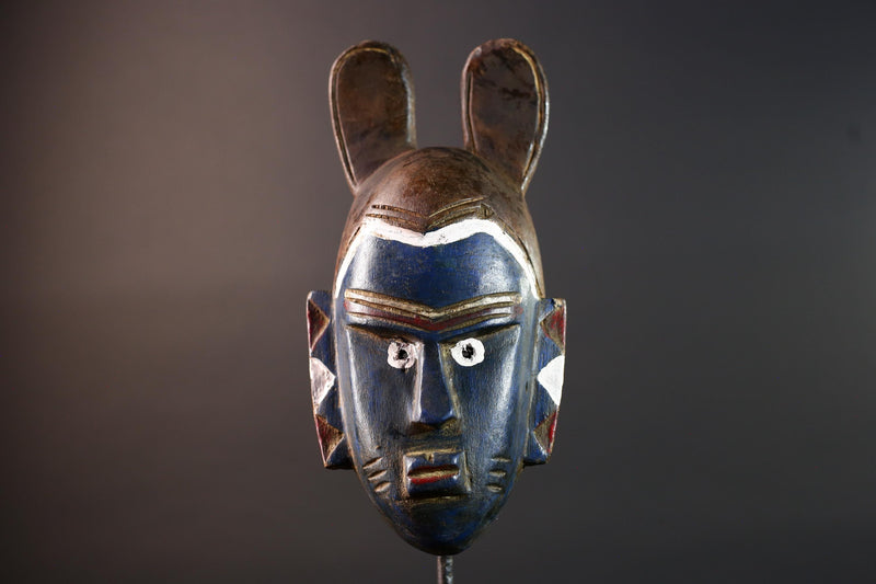 African mask Guro tribe blue face carved wood with white eyes animal crest and geometric ear panels tribal wall decor home art-G5541