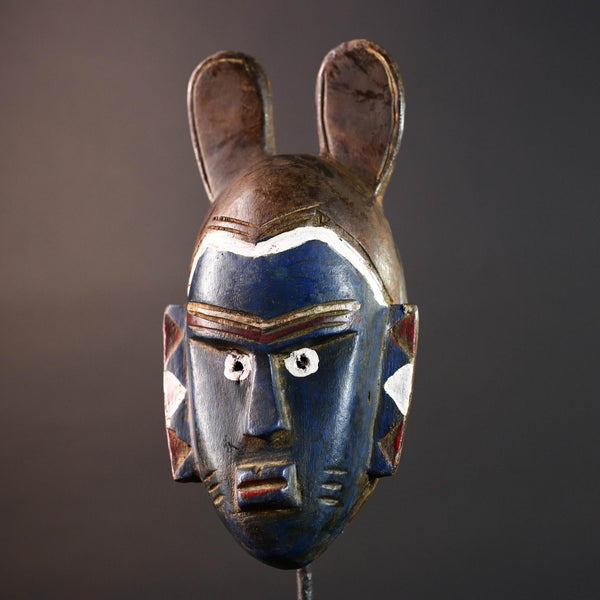 African mask Guro tribe blue face carved wood with white eyes animal crest and geometric ear panels tribal wall decor home art-G5541