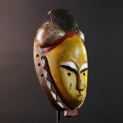 African mask Baule tribe yellow face carved wood with almond eyes rounded side buns geometric cheeks and central crest wall decor-G5539