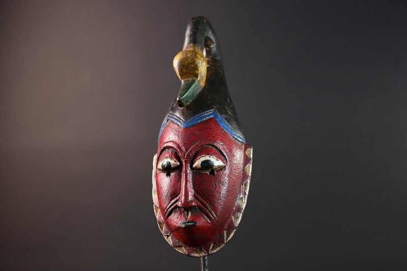 African mask Guro tribe red face carved wood with bird crest white eyes and textured surface tribal home wall art geometric decor-G5538