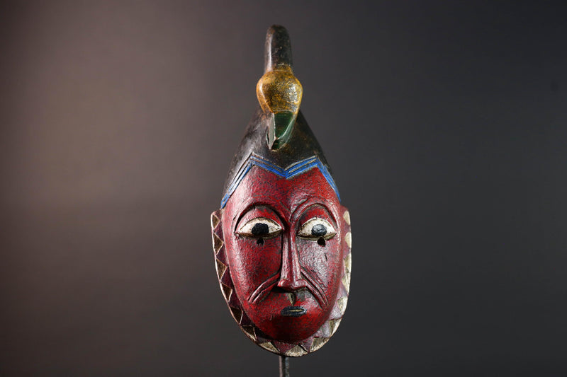 African mask Guro tribe red face carved wood with bird crest white eyes and textured surface tribal home wall art geometric decor-G5538