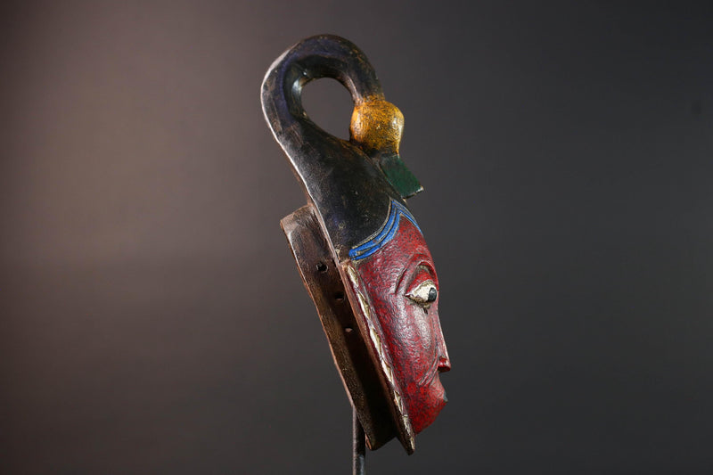 African mask Guro tribe red face carved wood with bird crest white eyes and textured surface tribal home wall art geometric decor-G5538