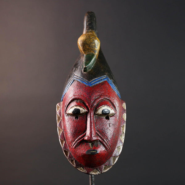 African mask Guro tribe red face carved wood with bird crest white eyes and textured surface tribal home wall art geometric decor-G5538