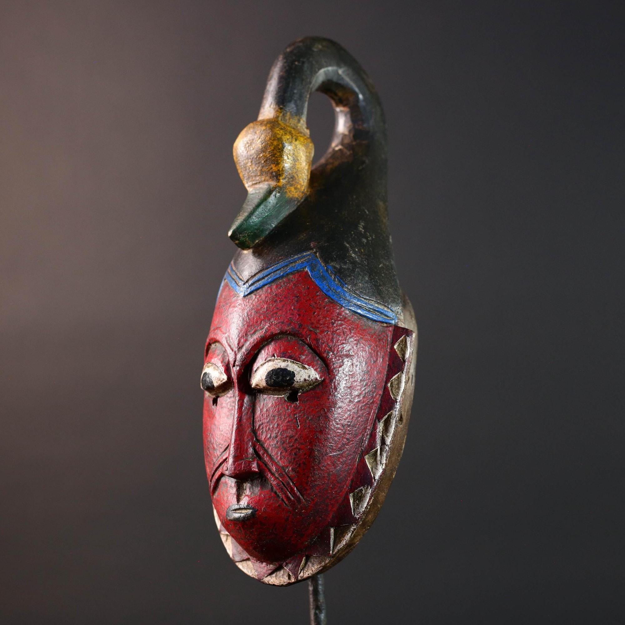 African mask Guro tribe red face carved wood with bird crest white eyes and textured surface tribal home wall art geometric decor-G5538