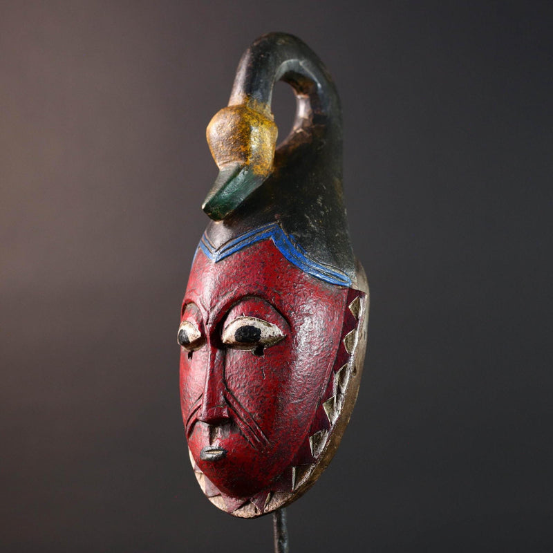 African mask Guro tribe red face carved wood with bird crest white eyes and textured surface tribal home wall art geometric decor-G5538