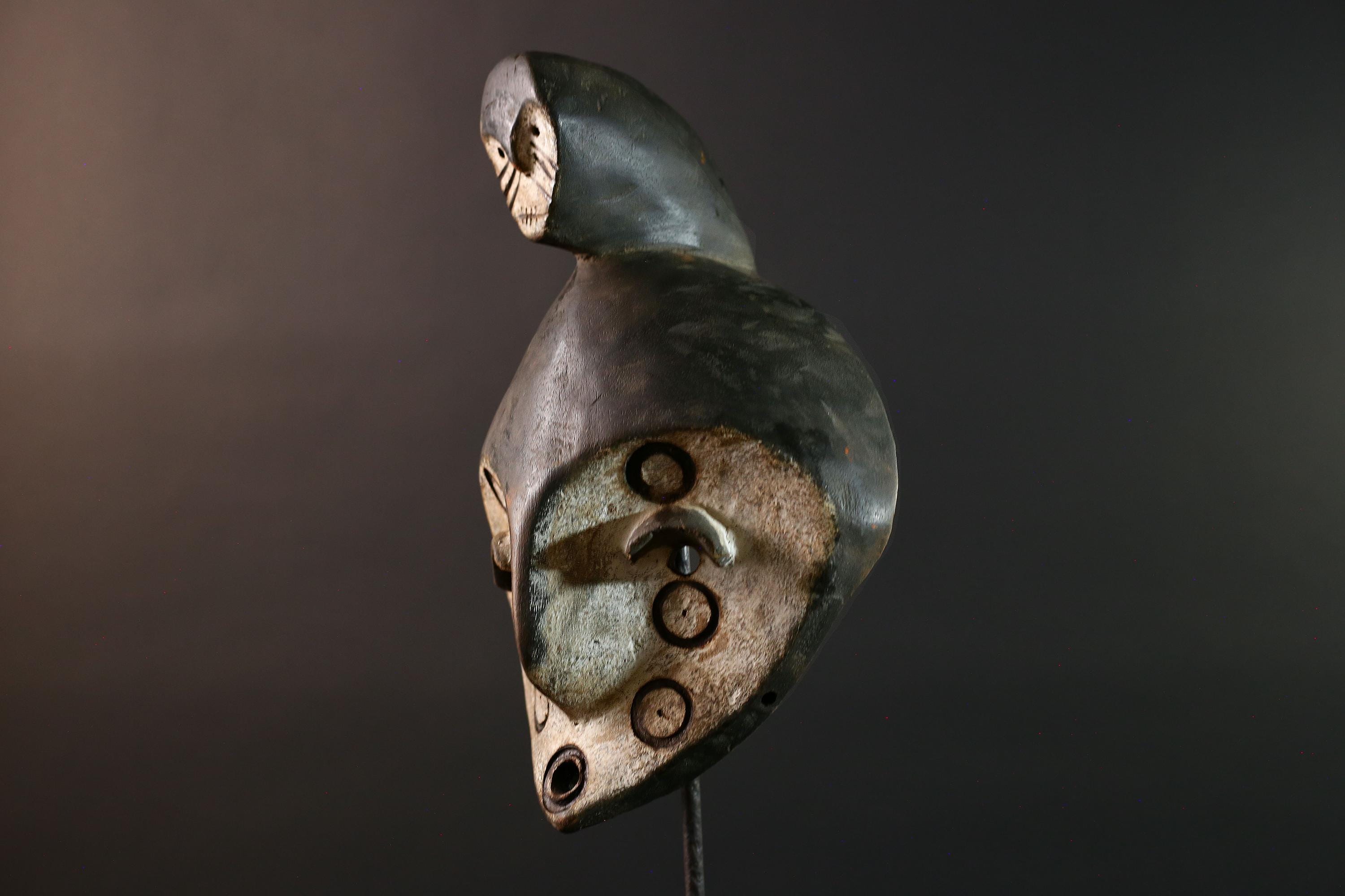 African Bwa Mask Carved Wood Spirit Face Tribal Art Wall Sculpture Burkina Faso Ceremonial Decor Authentic Vintage Piece-G5619