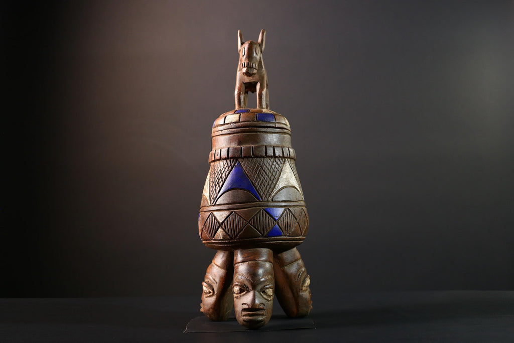 African Tribal Vessel with Animal Finial and Twin Face Base Carved Wooden Container from Nigeria Cultural Art Home Ethnic Sculpture-G5620