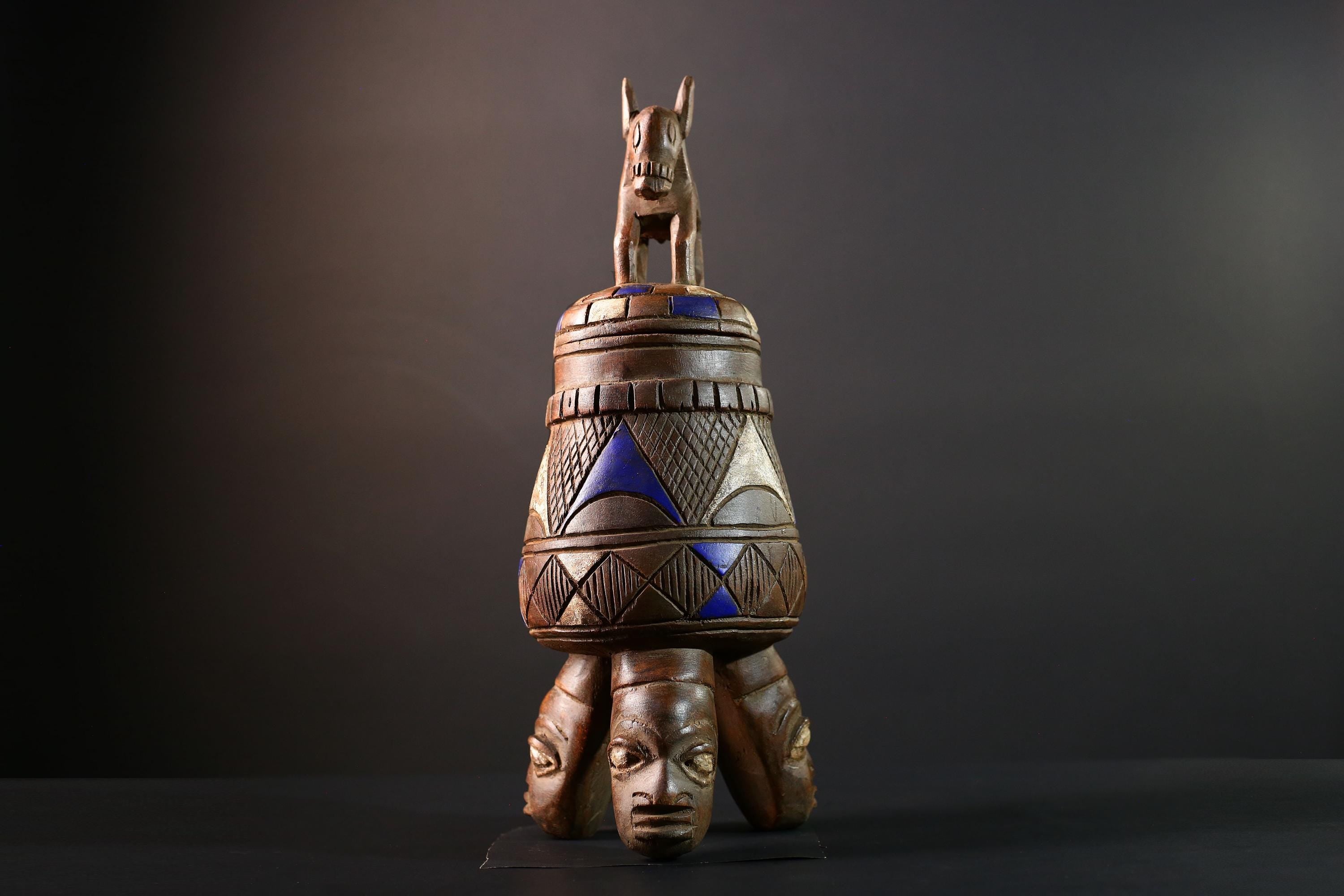 African Tribal Vessel with Animal Finial and Twin Face Base Carved Wooden Container from Nigeria Cultural Art Home Ethnic Sculpture-G5620
