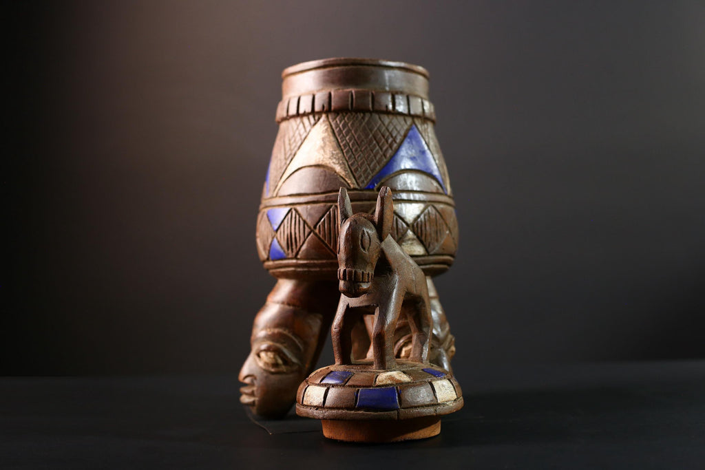 African Tribal Vessel with Animal Finial and Twin Face Base Carved Wooden Container from Nigeria Cultural Art Home Ethnic Sculpture-G5620