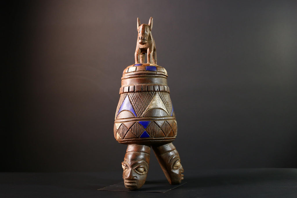 African Tribal Vessel with Animal Finial and Twin Face Base Carved Wooden Container from Nigeria Cultural Art Home Ethnic Sculpture-G5620