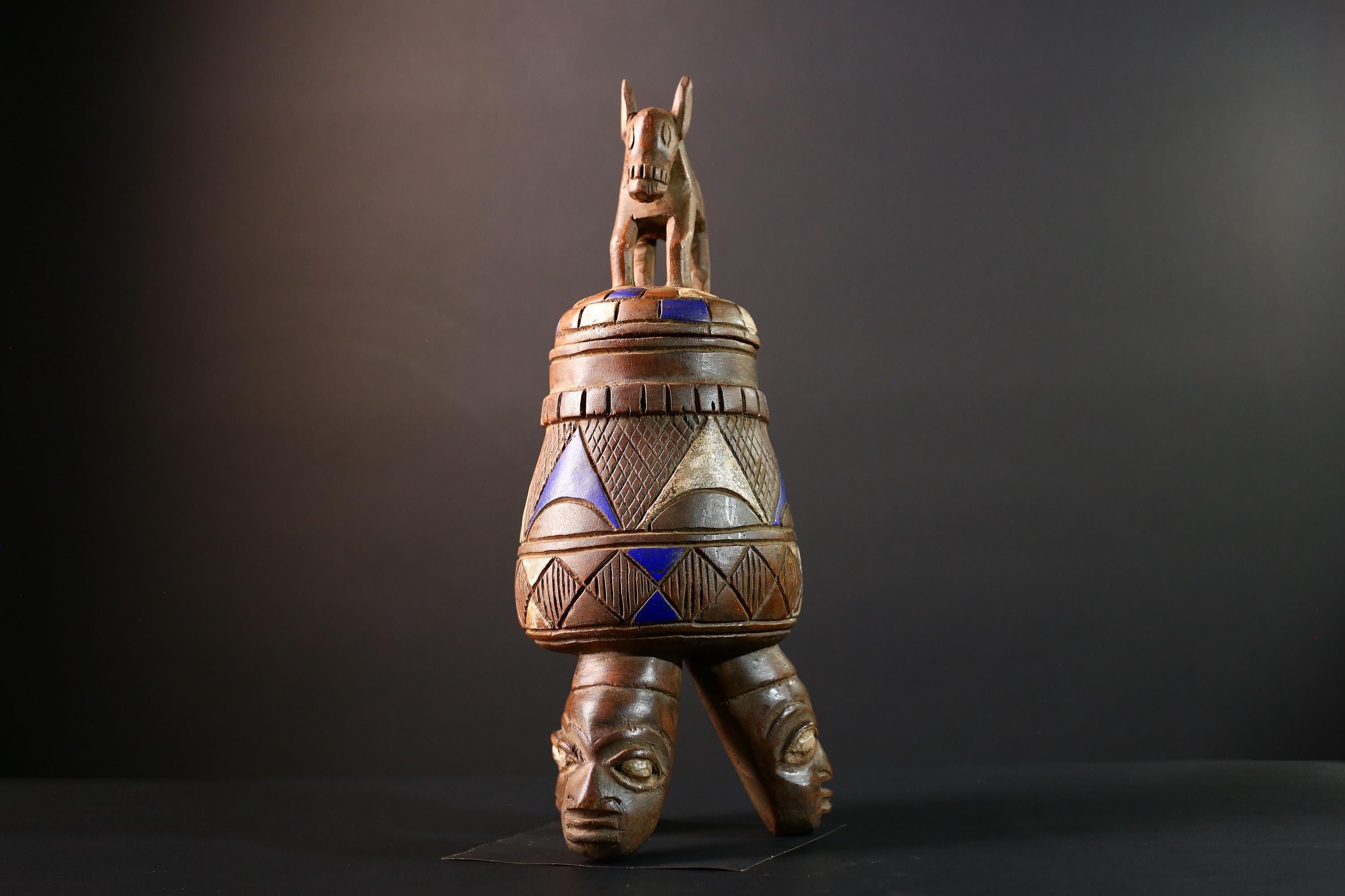 African Tribal Vessel with Animal Finial and Twin Face Base Carved Wooden Container from Nigeria Cultural Art Home Ethnic Sculpture-G5620