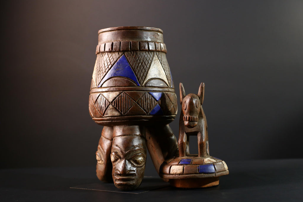 African Tribal Vessel with Animal Finial and Twin Face Base Carved Wooden Container from Nigeria Cultural Art Home Ethnic Sculpture-G5620