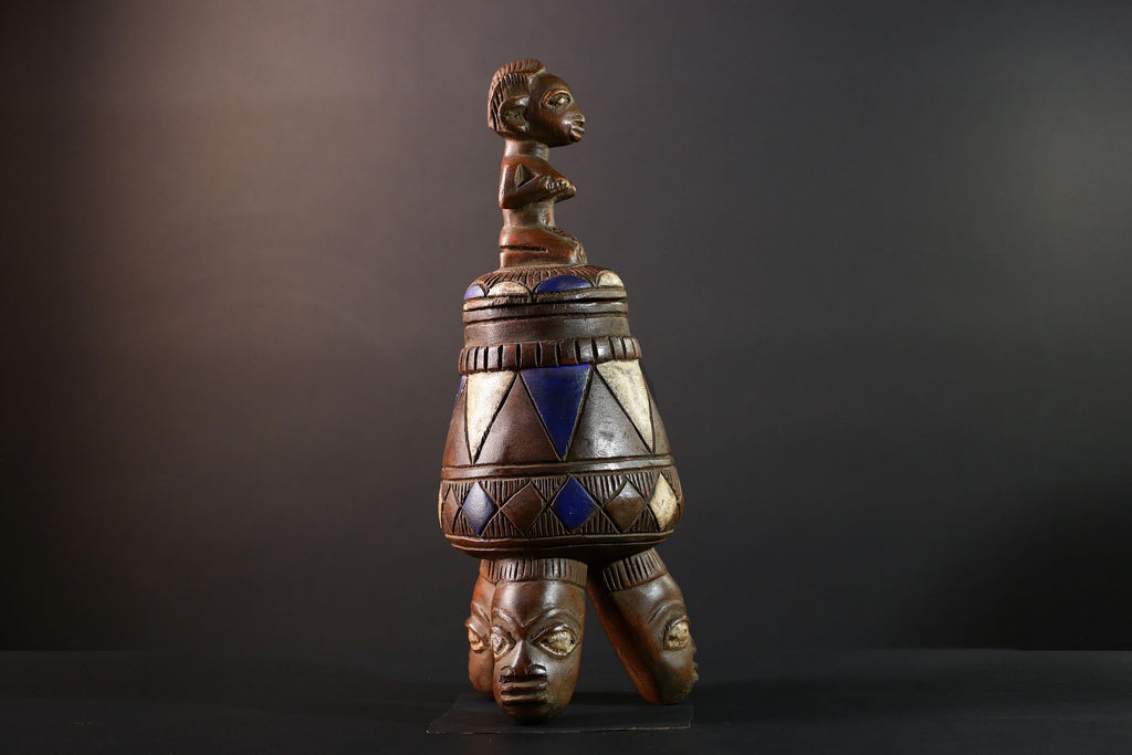 African Tribal Vessel Hand Carved Ritual Jar with Female Figure Blue White Patterned Tripod Urn Nigerian Wood Art Decor-G5621